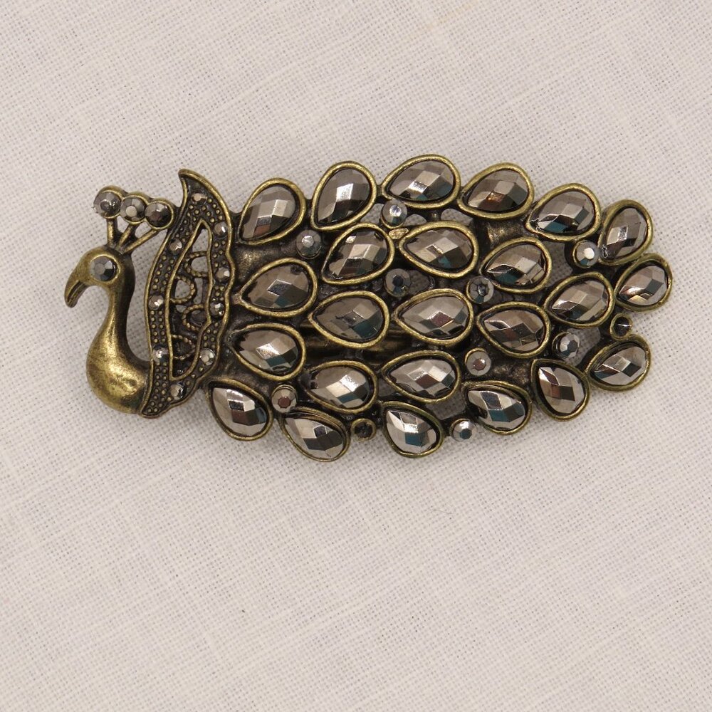 Vintage Peacock Hair Clip/Brooch Pin Teardrop Rhinestones -missing 2 tiny stones - Picture 7 of 9